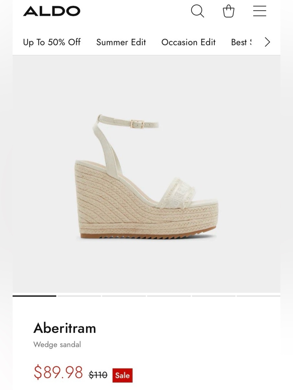 ALDO Aberitram Cream/Tan Frayed-Trim Wedge Sandals with Ankle Strap